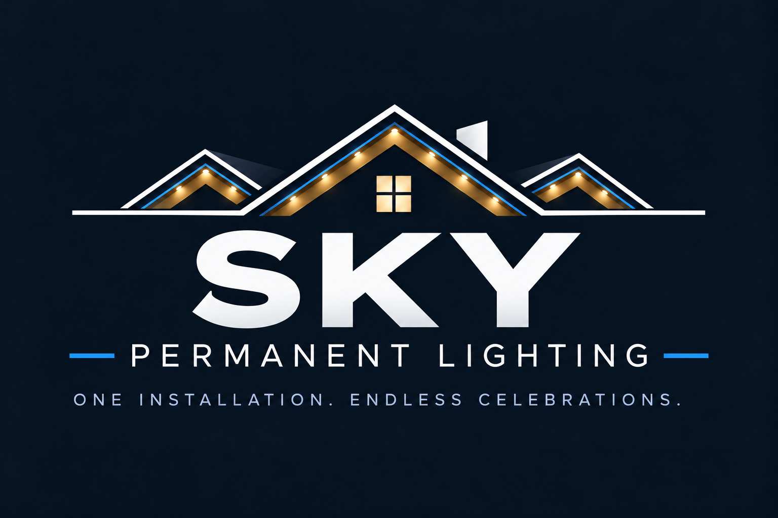 Sky Permanent Lighting — three illuminated gables above the Sky wordmark